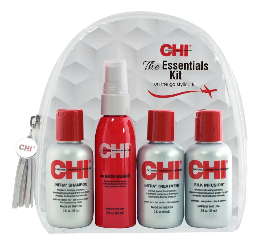 CHI The Essentials — набор: шампунь, кондиционер, термозащитный спрей и шёлк, 4 × 59 мл